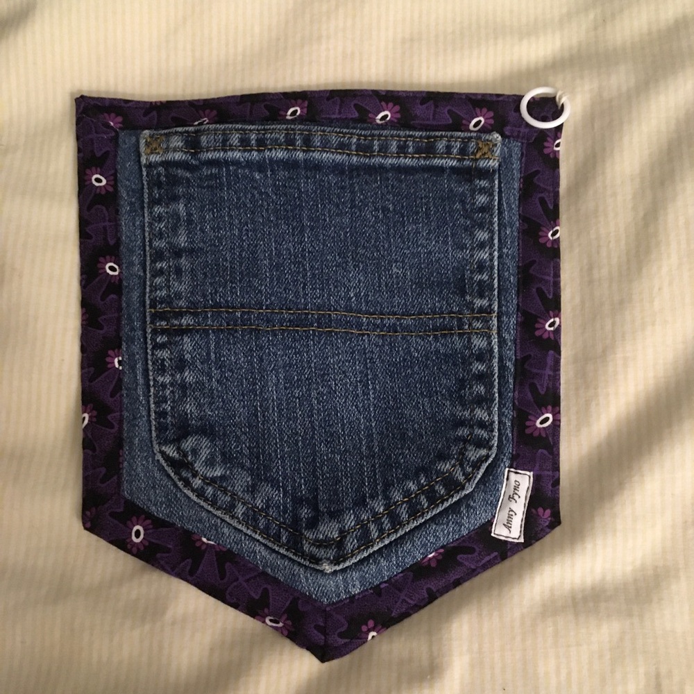 3 Homemade Potholders: Jean Pocket, Heart Quilt, Multi-Blue - w/cotton backing